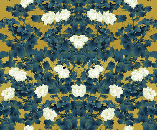 Imperial Peony Garden Short Kimono – Mustard & Teal Cotton Velvet Jacket