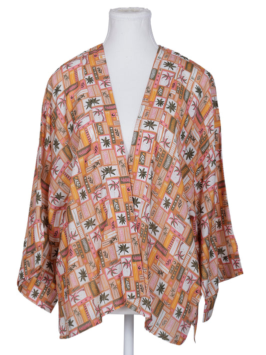 Tropical Palm  Print Cotton Muslin Short Kimono