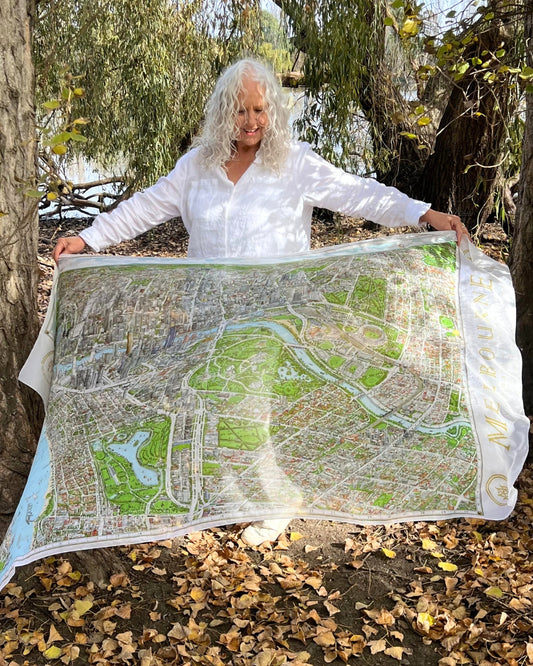 Melbourne Illustrated City Map Cotton-Modal Scarf/Sarong – 110×190 cm | Artistic Melbourne Landmarks Map
