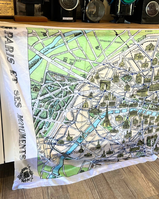 Paris Monuments Vintage Map Pure Silk Scarf/Sarong – 110×190 cm | Historic Paris Landmark Map | 100% Pure Silk