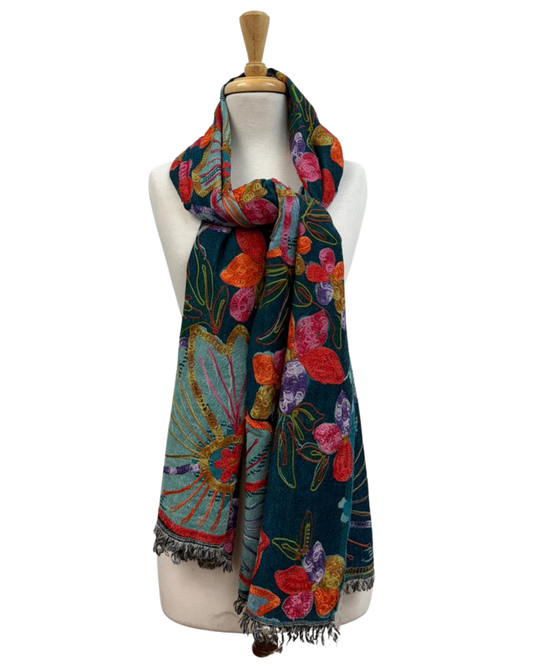 Teal Floral Garden – Merino Wool Designer Embroidered Scarf