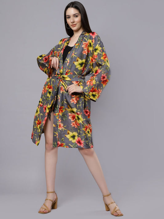 Floral Print Belted Modal Satin Kimono