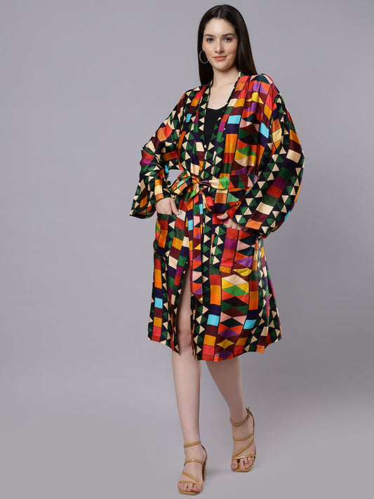 Geometric Print Belted Modal Satin Kimono