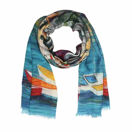 Architectural Coastal Village Harbour Scarf –  Modal Silk Designer Wrap | Abstract Architectural Print