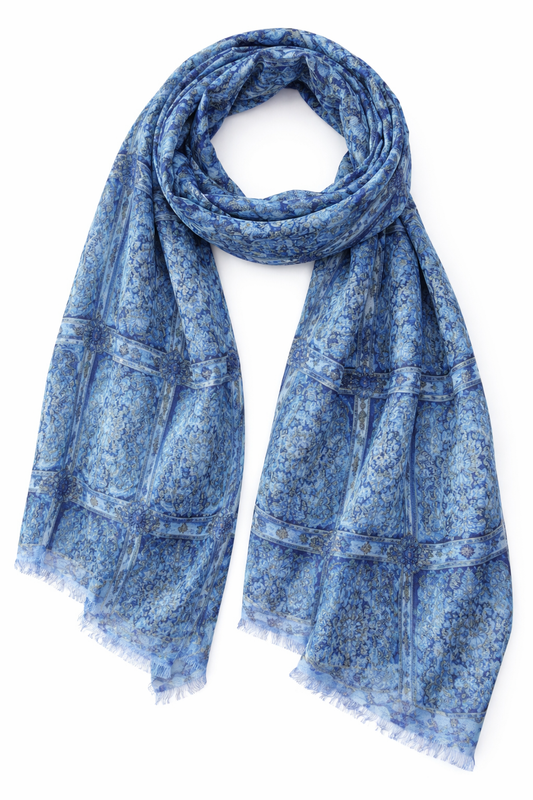 Blue Baroque Silk Scarf - Architectural Print Designer Scarf