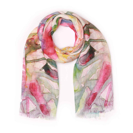 Watercolor Bloom Abstract Floral Scarf – Pure Linen Designer Wrap | Multicolor Artistic Print
