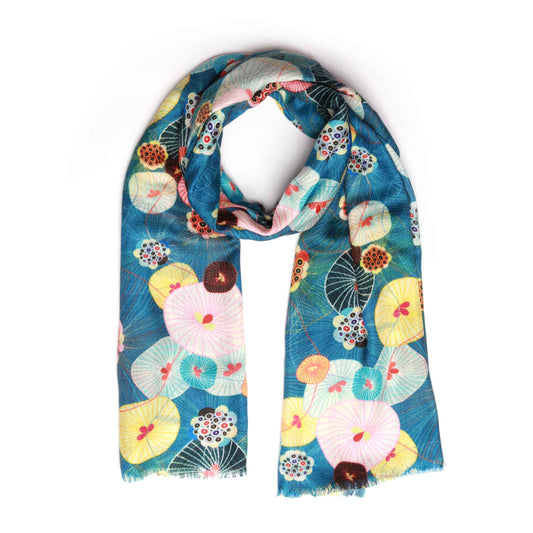 Lotus Leaves Japanese Floral Scarf – Pure Cashmere Wool Designer Wrap | Multicolor Nature Print