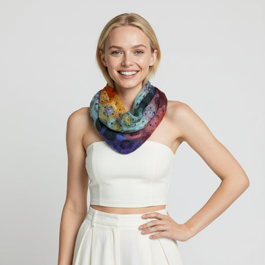Rainbow Mosaic Geometric Scarf – Merino Wool Silk Designer Wrap | Multicolor Abstract Hexagon Print