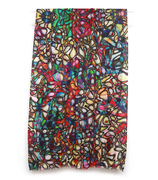 Stained Glass Abstract Multicolor Scarf – Modal Silk Designer Wrap | Artistic Mosaic Print
