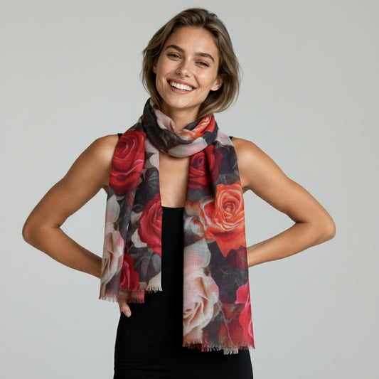 Rose Garden Floral Scarf –  Merino Wool Silk Designer Wrap | Multicolor Romantic Print