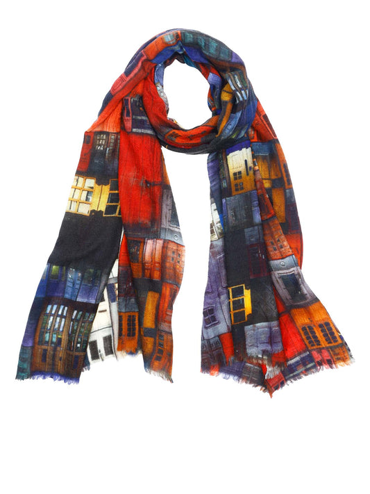 Architectural Red Doorway Art Scarf –  Modal Silk Designer Wrap | Multicolor Abstract Heritage Print