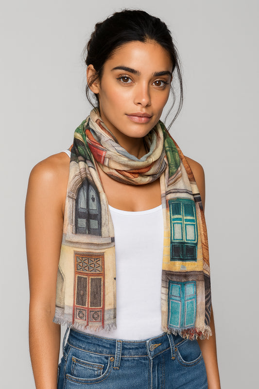 Heritage Doorway Art Scarf – Fine Merino Wool Designer Wrap | Architectural Multicolor Print