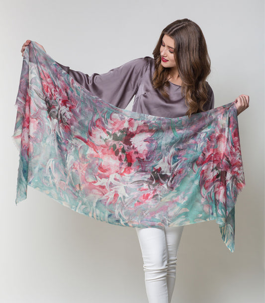Aqua Blush Garden – Fine Merino Wool Summer Scarf