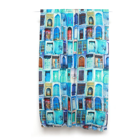 Blue Door Architectural Art Scarf - Cashmere Wool Designer Wrap | Moroccan Abstract Print