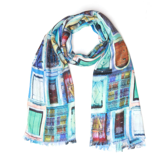 Blue Door Architectural Art Scarf - Cashmere Wool Designer Wrap | Moroccan Abstract Print