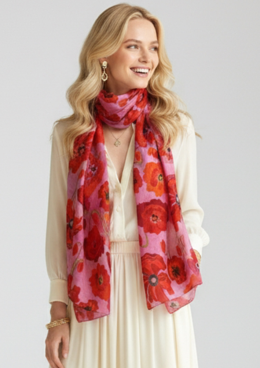 Poppy Bloom Scarf – Modal Silk Wrap | Red & Scarlet Poppies on Radiant Pink Canvas