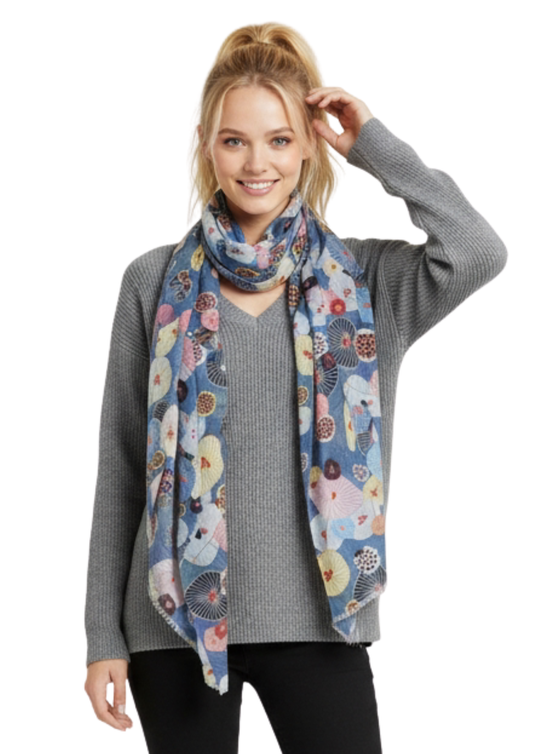 Lotus Leaves Japanese Floral Scarf – Pure Linen Designer Wrap | Multicolor Nature Print