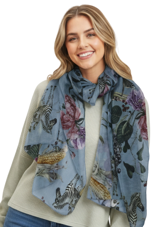 Savanna Bloom Botanical & Wildlife Scarf – Pure Silk Designer Wrap | Blue Artistic Australian Coastal Print
