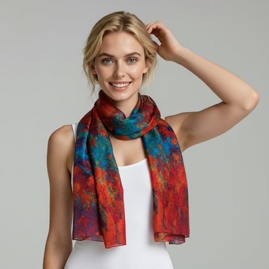 Inferno Sky Abstract Scarf – Modal Silk Designer Wrap | Vibrant Multicolor Artistic Print