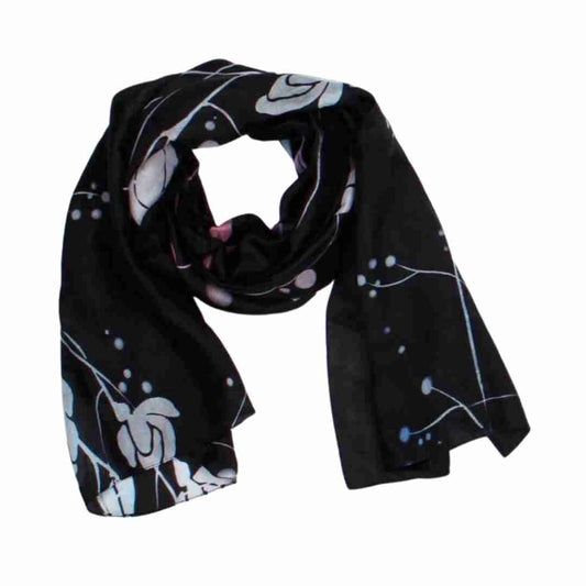 Midnight Bloom Silk Scarf – Delicate Floral Botanical Print Designer Scarf