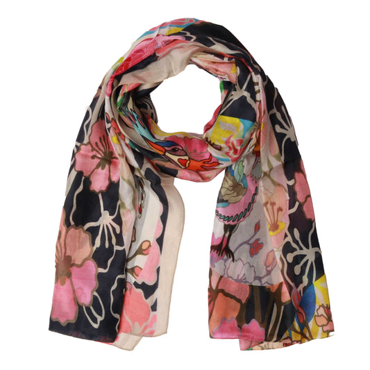 Sakura and Mon Japanese Abstract Scarf – Cotton Modal Designer Wrap | Multicolor Artistic Nature Print