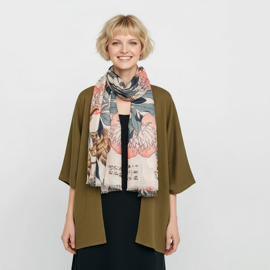 Pastel Petal Harmony Multicolour Japanese Floral Fine Merino Designer Scarf