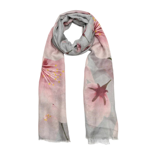 Soft Sakura Modal Silk Scarf – Blush Cherry Blossom Floral Print Designer Scarf