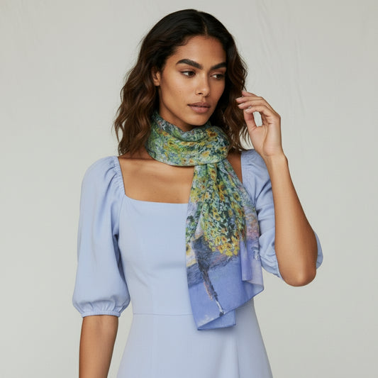 Sunflower Garden Path Impressionist Floral Modal Silk Scarf – Inspired by The Artist's Garden by Claude Monet Art Wrap