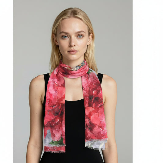 Crimson Rose & Daisy Floral Merino Wool Silk Scarf – Hand-Painted Botanical Designer Wrap