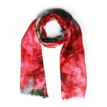 Crimson Rose & Daisy Floral Merino Wool Silk Scarf – Hand-Painted Botanical Designer Wrap