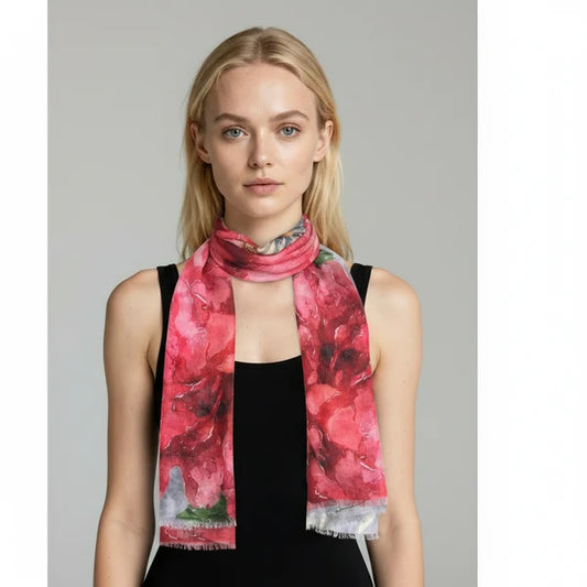 Crimson Rose & Daisy Cotton Modal  Scarf – Hand-Painted Botanical Designer Wrap
