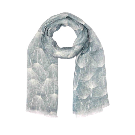 Blue Mirage Feather Bloom Linen Designer Scarf – 100% Pure Linen Wrap | Soft Grey-Blue Dandelion Floral Pattern