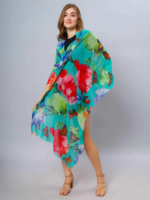 Butterfly Garden Floral Scarf – Pure Silk Designer Wrap | Vibrant Botanical Nature Print