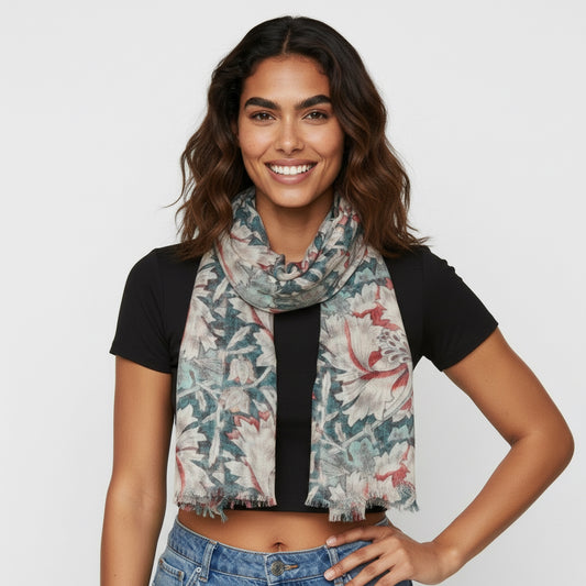 Crimson Peony Japanese Bloom Scarf – Cotton Modal Designer Wrap | Vintage Japanese Floral Botanical Prin