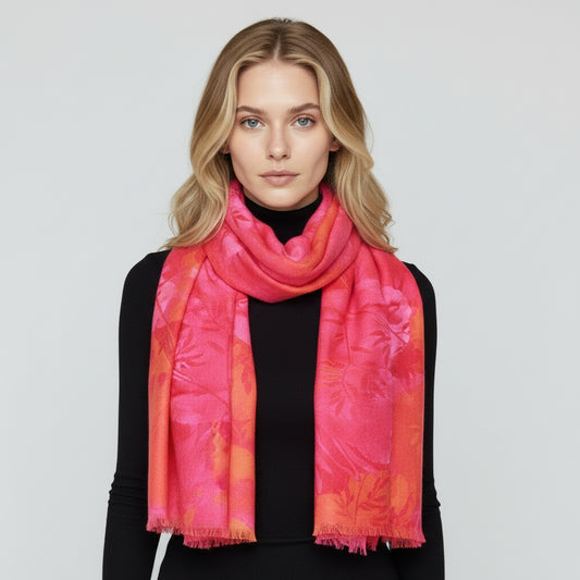 Crimson Blossom Abstract Scarf – Pure Silk Designer Wrap | Red & Pink Floral Art Print