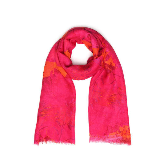Crimson Blossom Abstract Scarf – Fine Merino Designer Wrap | Red & Pink Floral Art Print