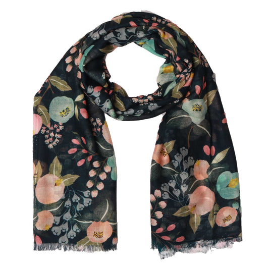Midnight Bloom Bouquet Scarf – Pure Linen Designer Wrap | Dark Botanical Floral Print