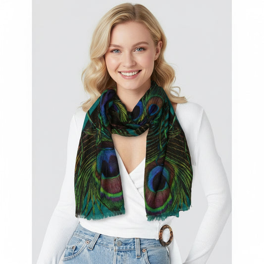 Peacock Feather Elegance Scarf – Modal Silk Designer Wrap | Multicolour Peacock Bird Inspired Print- Turquoise Green