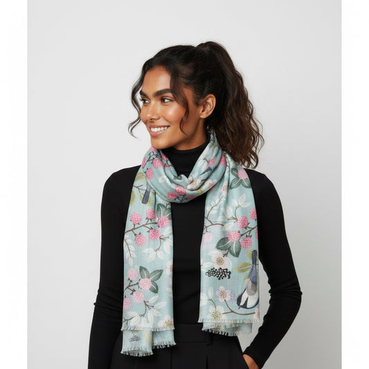 Songbird Blossom Garden Scarf – Modal Silk Designer Wrap | Pastel Botanical Floral Print