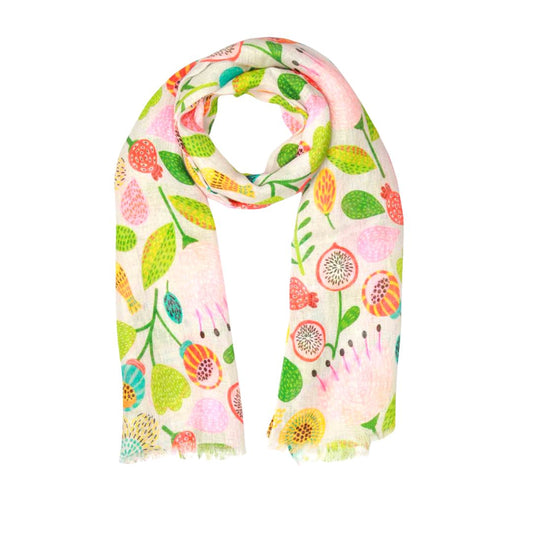 Rainbow Garden Japanese Floral Scarf – Pure Linen Designer Wrap | Multicolour Botanical Watercolour Print