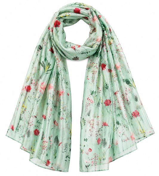 Wild Meadow Garden Scarf – Pure Silk Designer Wrap | Pastel Mint Botanical Floral Print