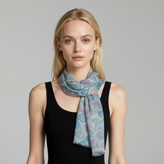 Art Deco Fans Abstract Scarf – Modal Silk Designer Wrap | Turquoise Blue & Pastel Pattern