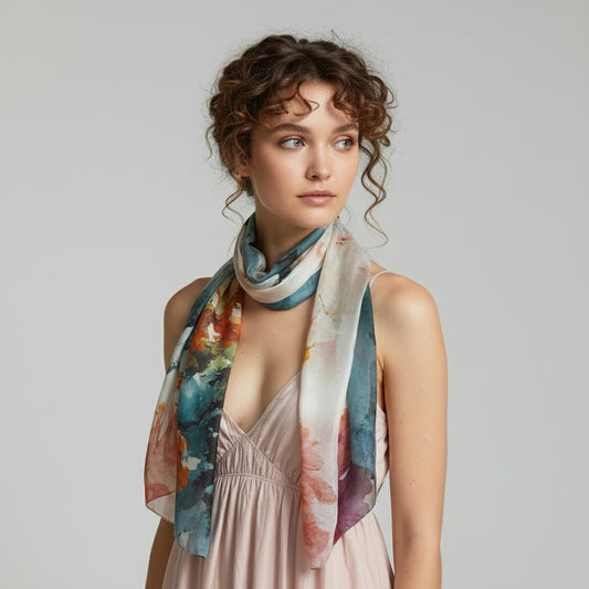Tropical Horizon Floral Landscape Scarf – Modal Silk Designer Wrap | Watercolor Coastal Print