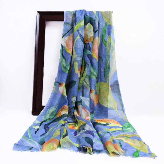 Azure Bloom Hand-Painted Floral Modal Silk Scarf | Artistic Designer Wrap
