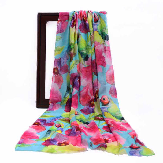 Tropical Bird & Orchid Floral Scarf – Modal Silk Designer Wrap | Vibrant Multicolour Print on Aqua Blue