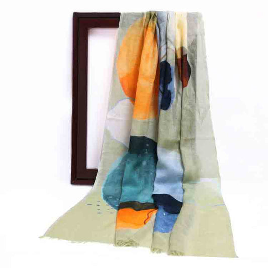 Ocean Ember Abstract Scarf – Contemporary Modal Silk Designer Wrap | Watercolor Art Print - earthy olive