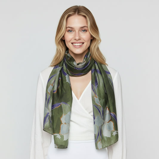 Olive Iris Bloom Designer Scarf – Botanical Floral Print Pure Silk Designer Wrap | Fine Art Inspired Accessory