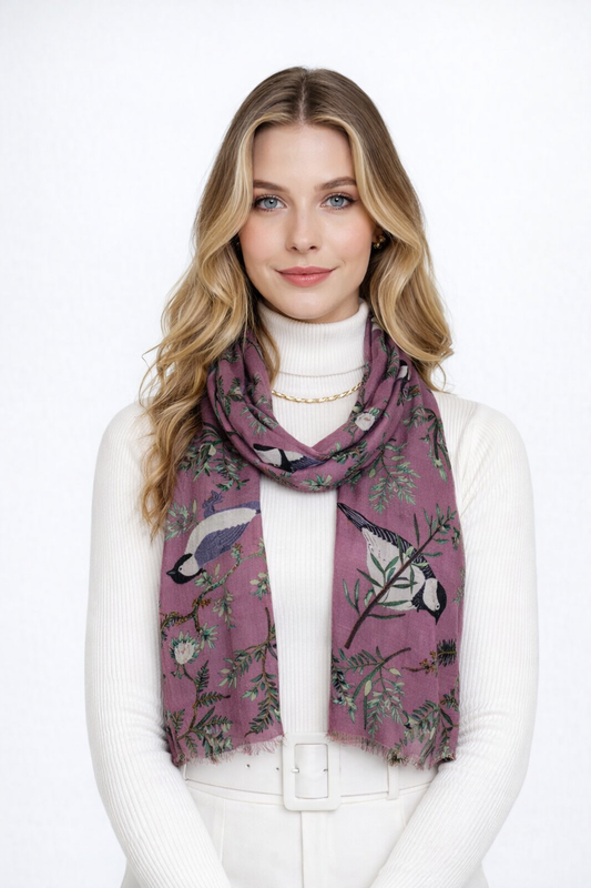 Winter Garden Bird Scarf – Modal Silk Designer Wrap | Botanical Songbird Print