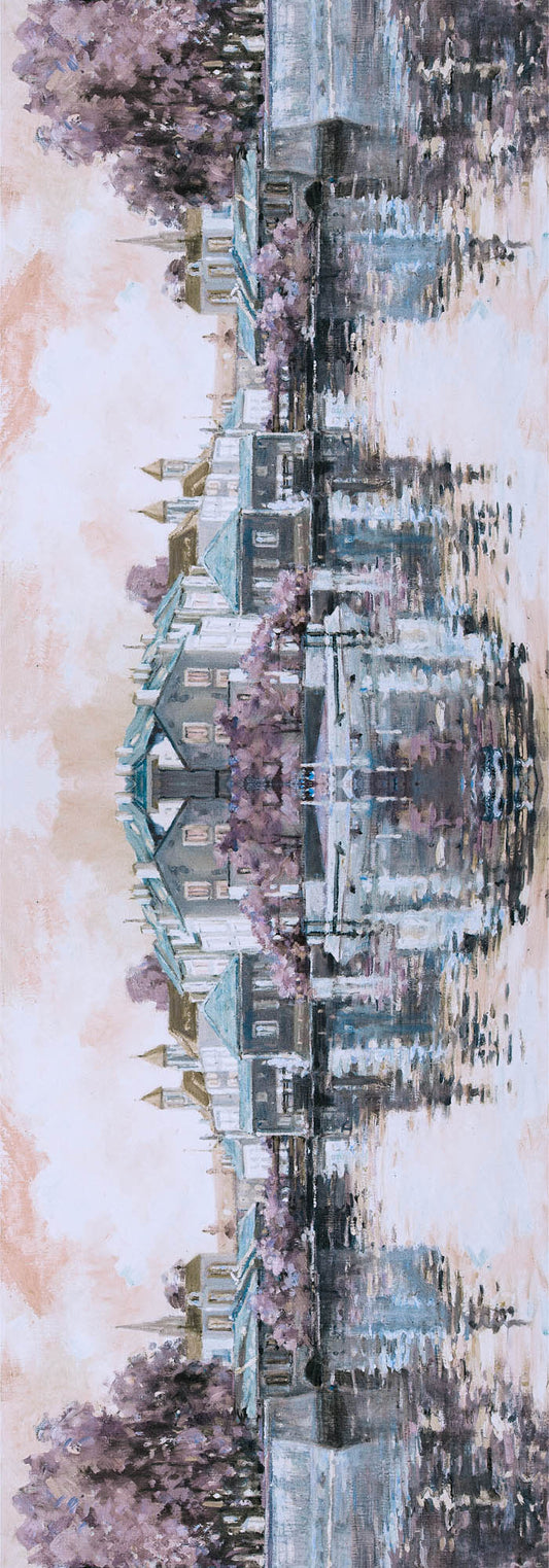 Canal Reflections Architectural Scarf – Pure Linen Designer Wrap | Pastel Cityscape Print