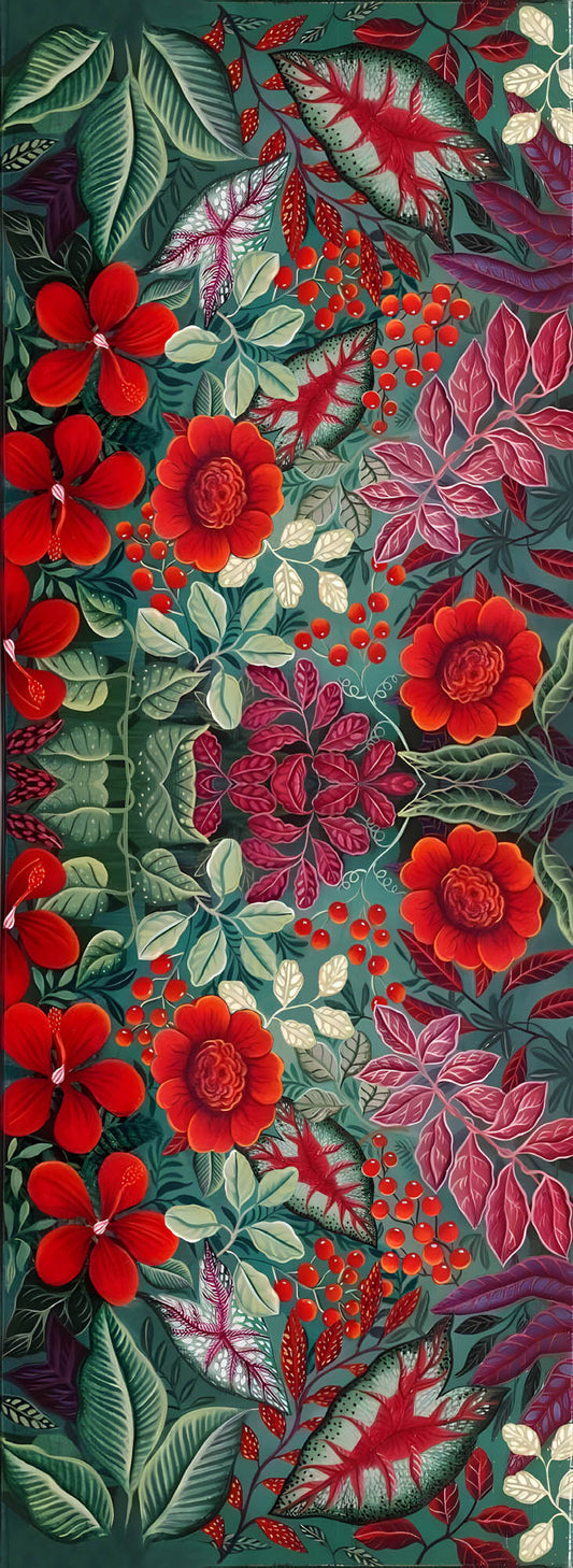 Tropical Scarlet Garden Scarf – Merino Wool Silk Wrap | Exotic Red Floral & Leaf Print